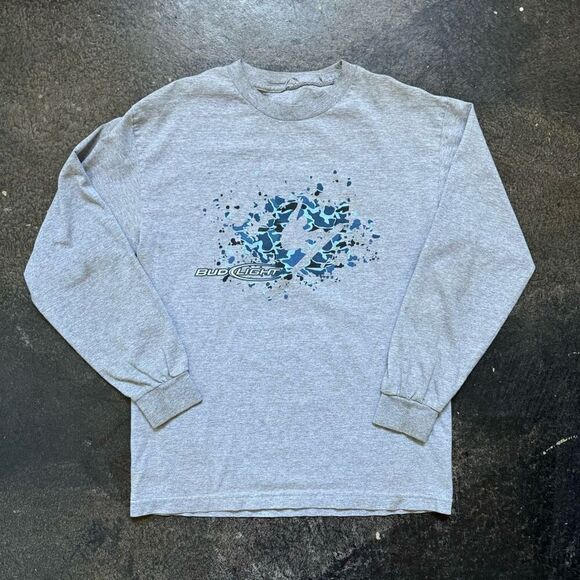 2000s Bud Light Grey Long Sleeve T-Shirt Size Medium Thrashed Style Casual - Picture 1 of 16